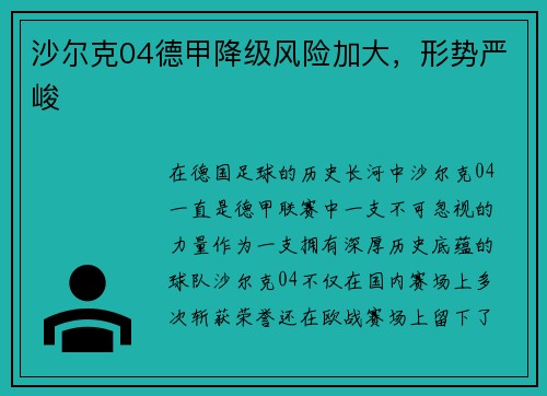 沙尔克04德甲降级风险加大，形势严峻